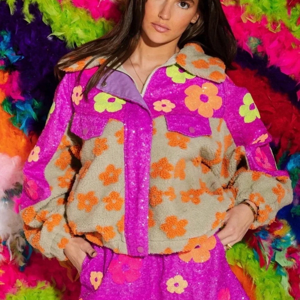 Queen of Sparkles Neon Purple Sequin Flower Jacket XS